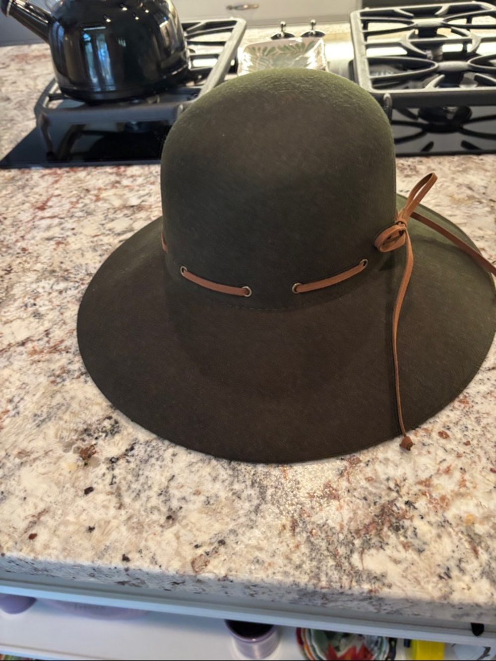 Women's Olive Green Felt Wide-Brim Hat with Tan Leather Tie
